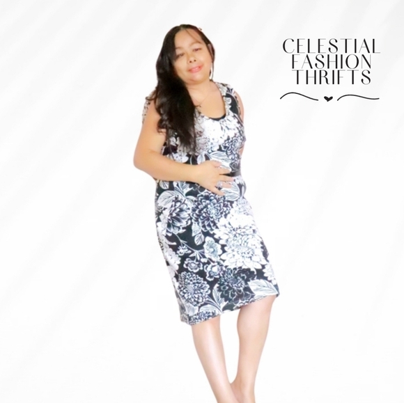 GEORGE WOMENS MEDIUM MIDI DRESS BLACK. & WHITE FLORAL WIITH BUCKLE - Picture 3 of 5